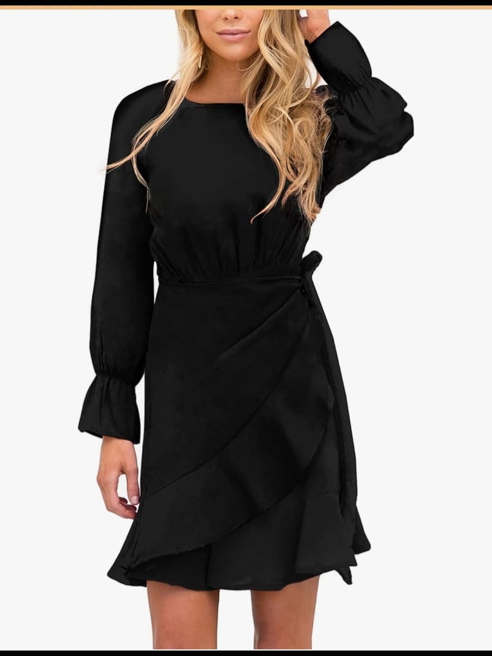 Elegant Black Long-Sleeve Wrap-Style Dress